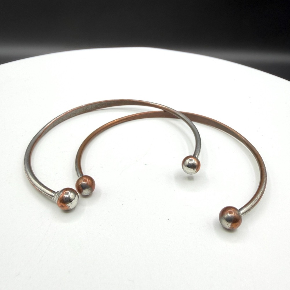 2Pc Silver Tone Ball End Cuff Bracelet Minimalist Stackable Open Bangle Set Gift
